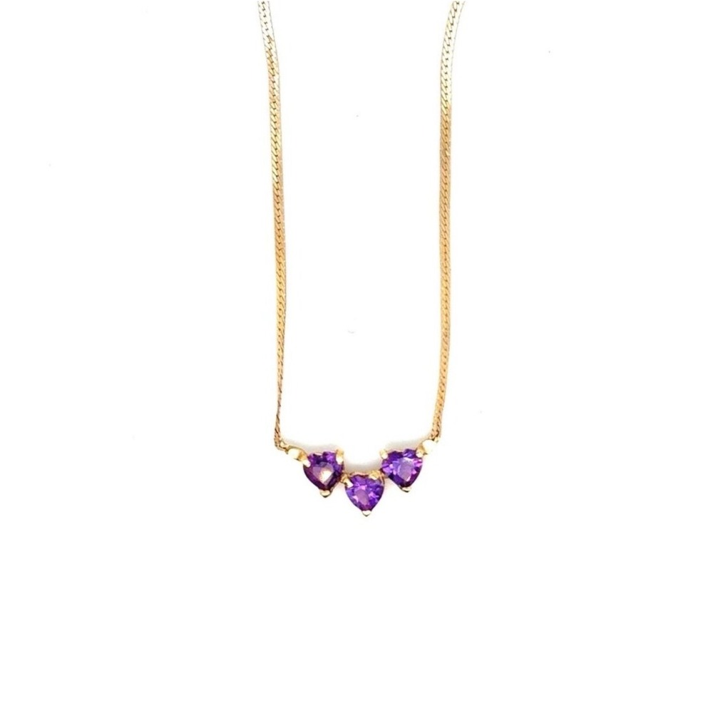 14k Yellow Gold Amethyst Heart Necklace Triple Stone Purple Gemstone 14.75 Inch